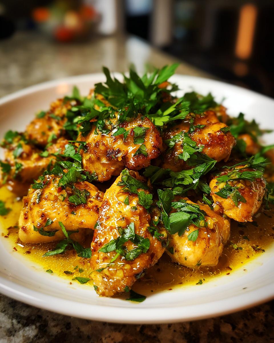 Close-up of glistening Honey Lemon Garlic Chicken bites topped with fresh parsley.