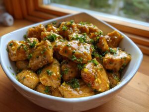 A white bowl filled with glistening honey lemon garlic chicken pieces, garnished with fresh parsley.