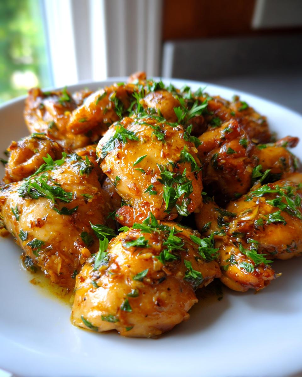 Close-up of tender Honey Lemon Garlic Chicken pieces coated in a glossy sauce and sprinkled with fresh parsley.