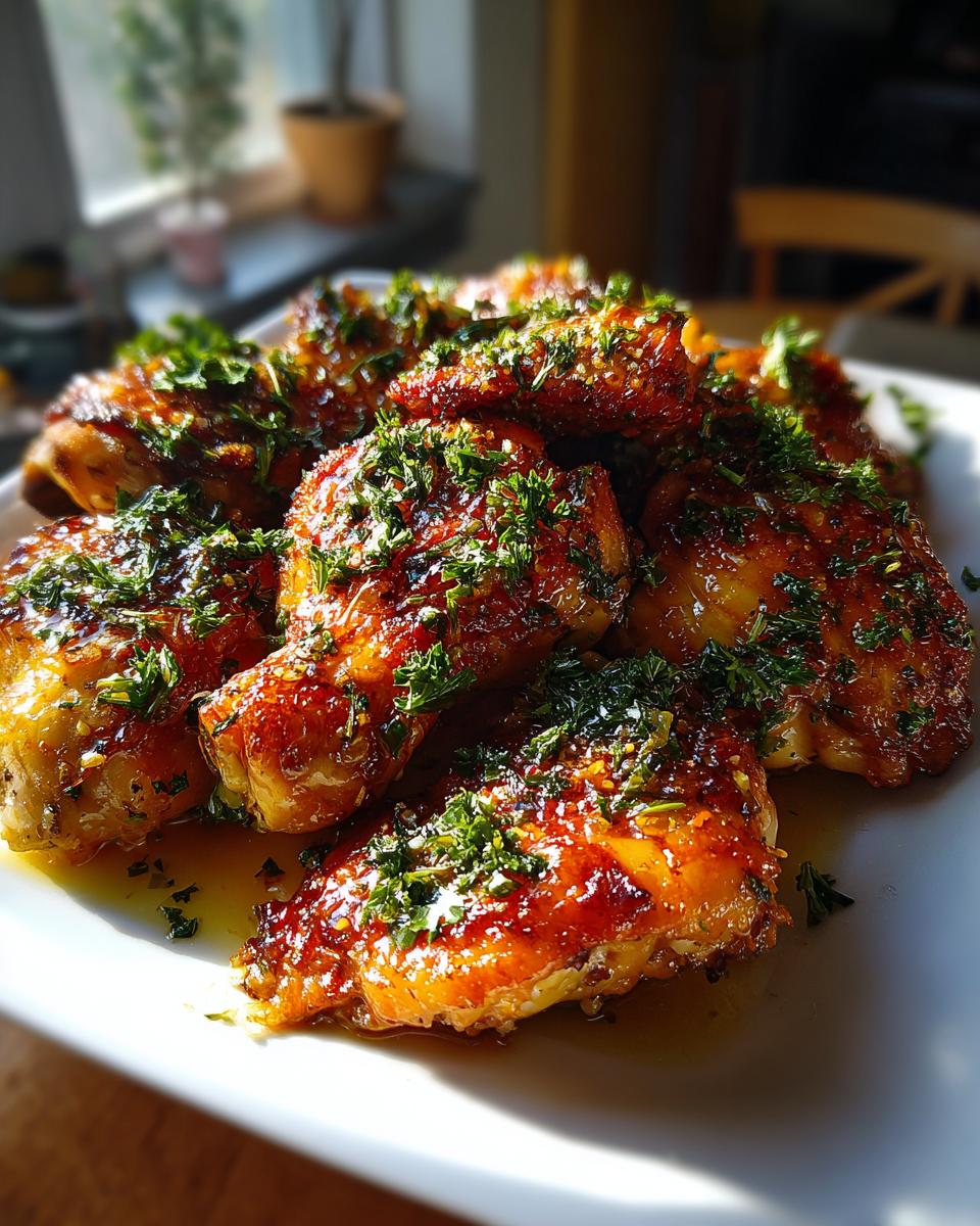 A plate piled high with glistening Honey Lemon Garlic Chicken pieces, garnished with fresh parsley.
