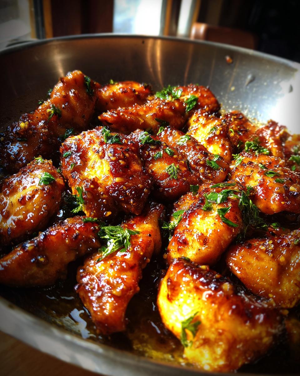 Close-up of glistening Honey Lemon Garlic Chicken wings, garnished with fresh herbs, in a pan.
