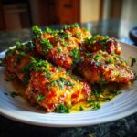 A plate of glistening honey lemon garlic chicken wings, garnished with fresh parsley and chili flakes.