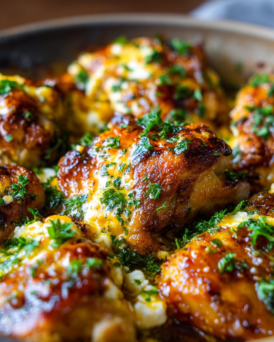 Close-up of baked hot honey feta chicken pieces topped with crumbled feta and fresh parsley.
