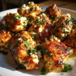 Close-up of delicious hot honey feta chicken bites topped with crumbled feta and fresh parsley.