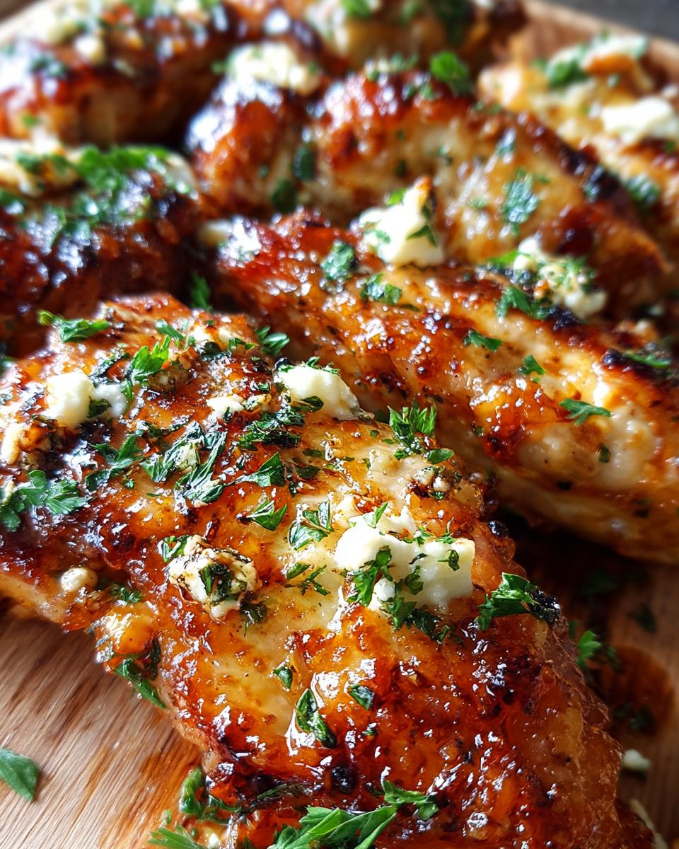 Close-up of glistening hot honey feta chicken pieces, topped with crumbled feta and fresh parsley.