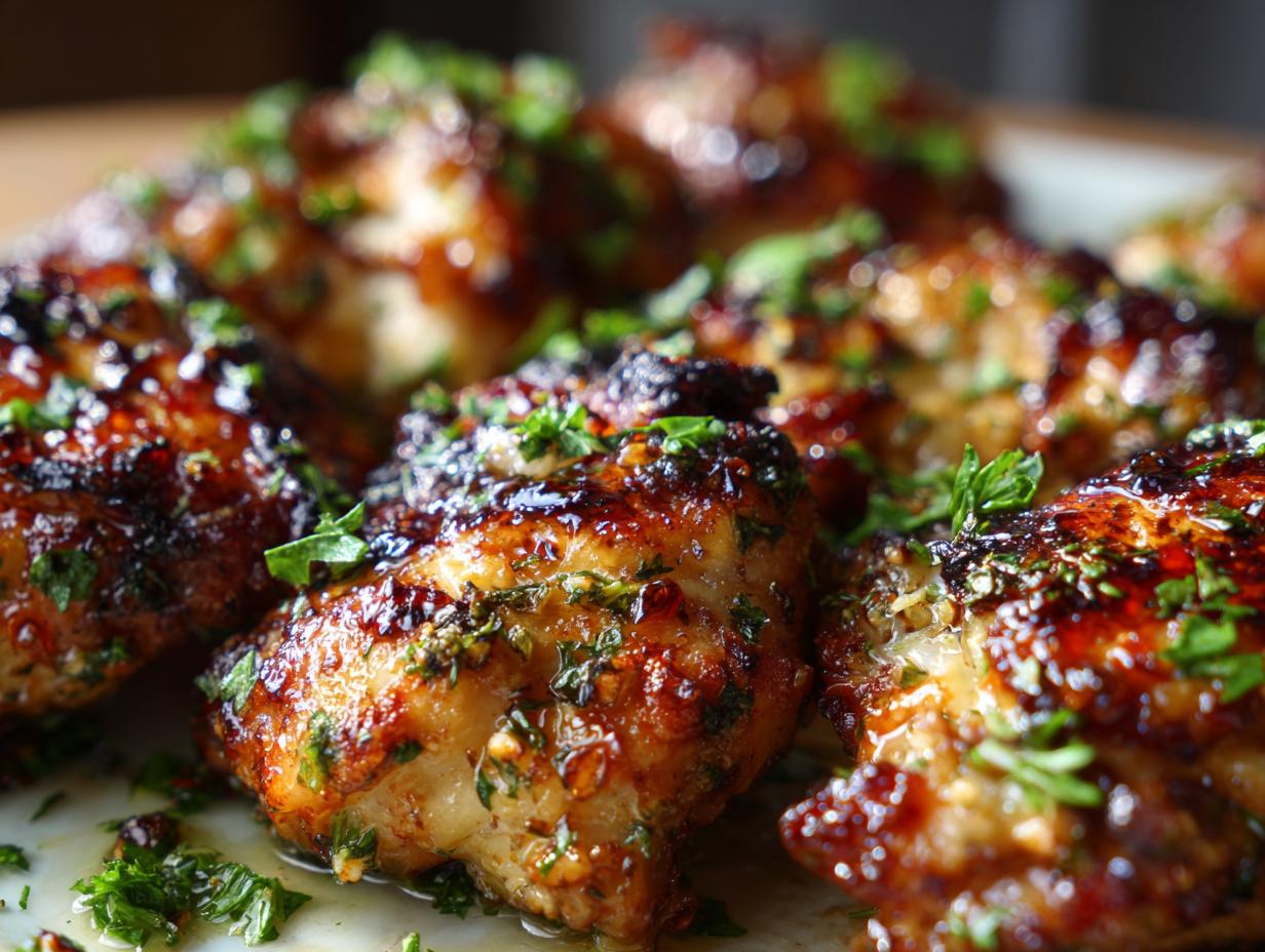 Close-up of delicious hot honey feta chicken pieces, glazed and sprinkled with fresh herbs.