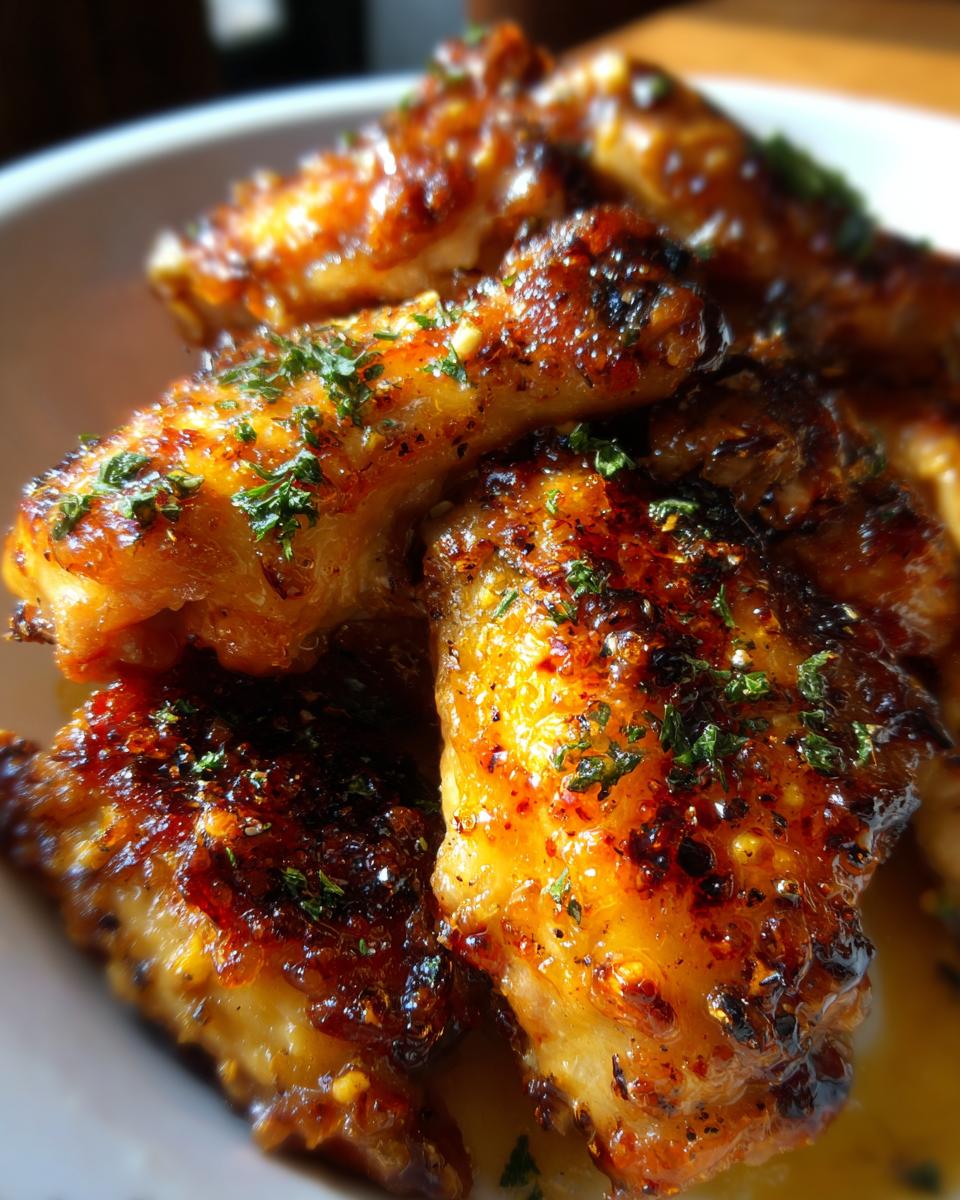 Close-up of glistening hot honey feta chicken wings, sprinkled with fresh herbs.