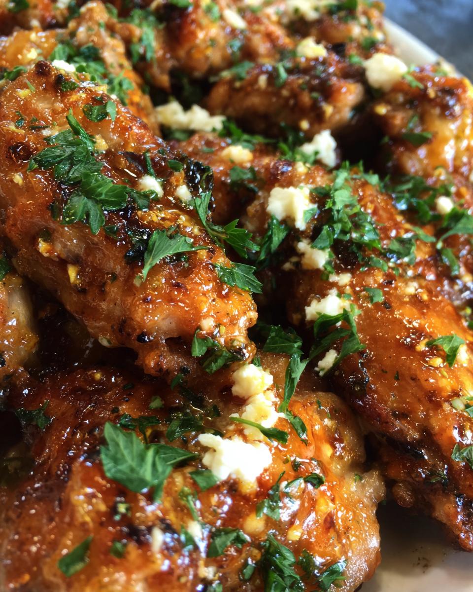 Close-up of delicious hot honey feta chicken wings, glistening with sauce and sprinkled with feta cheese and parsley.