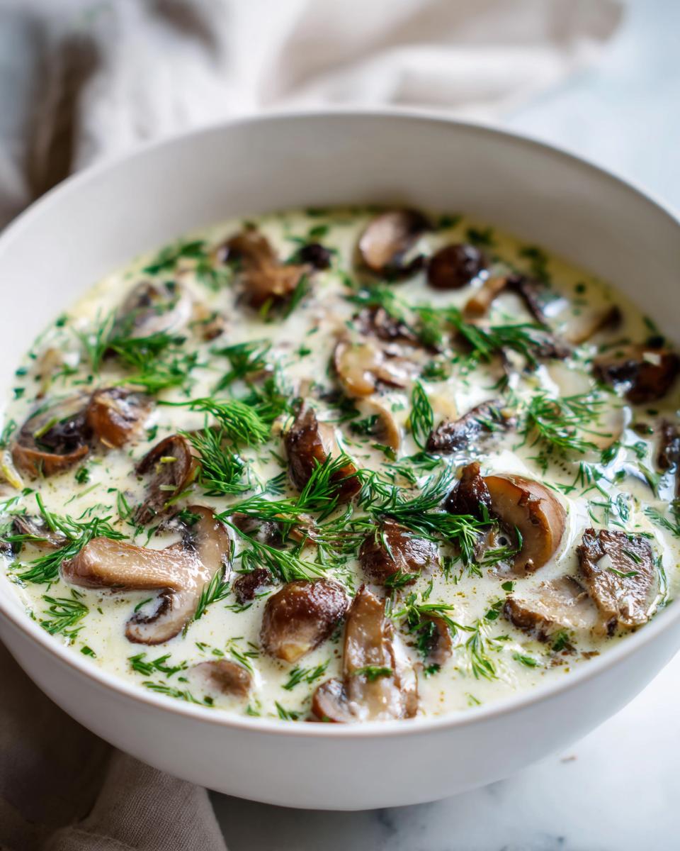 A close-up of a bowl of creamy Hungarian mushroom soup, generously garnished with fresh dill.