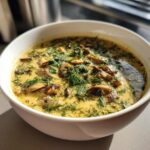 A close-up of a white bowl filled with creamy Hungarian mushroom soup, topped with fresh dill and sliced mushrooms.
