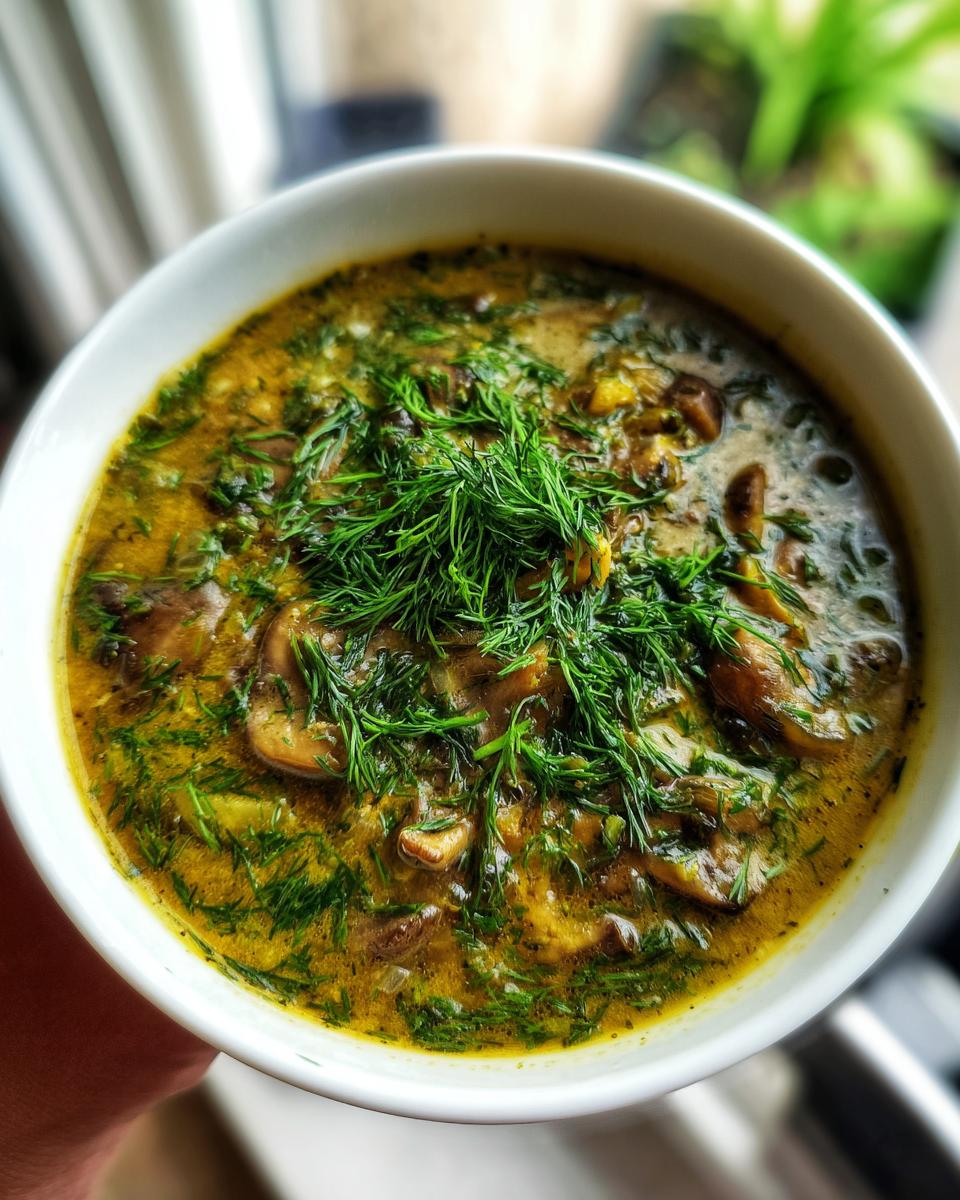 A close-up overhead view of a white bowl filled with creamy Hungarian mushroom soup, topped generously with fresh dill.