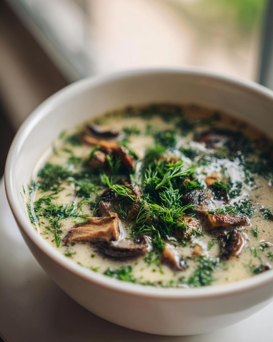 A close-up of a bowl of creamy Hungarian mushroom soup, garnished with fresh dill and mushrooms.