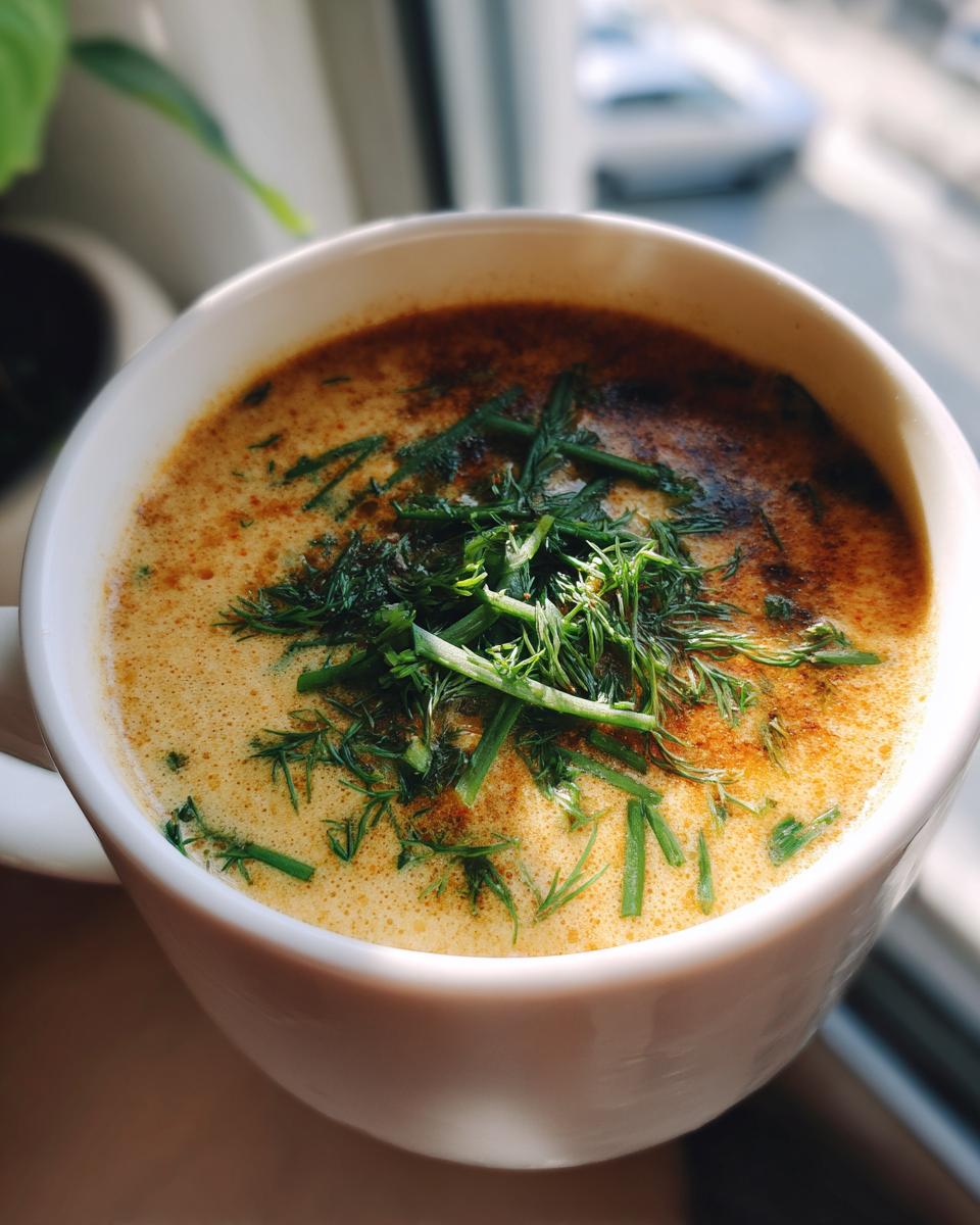 A close-up of a white mug filled with creamy Hungarian mushroom soup, garnished with fresh dill.