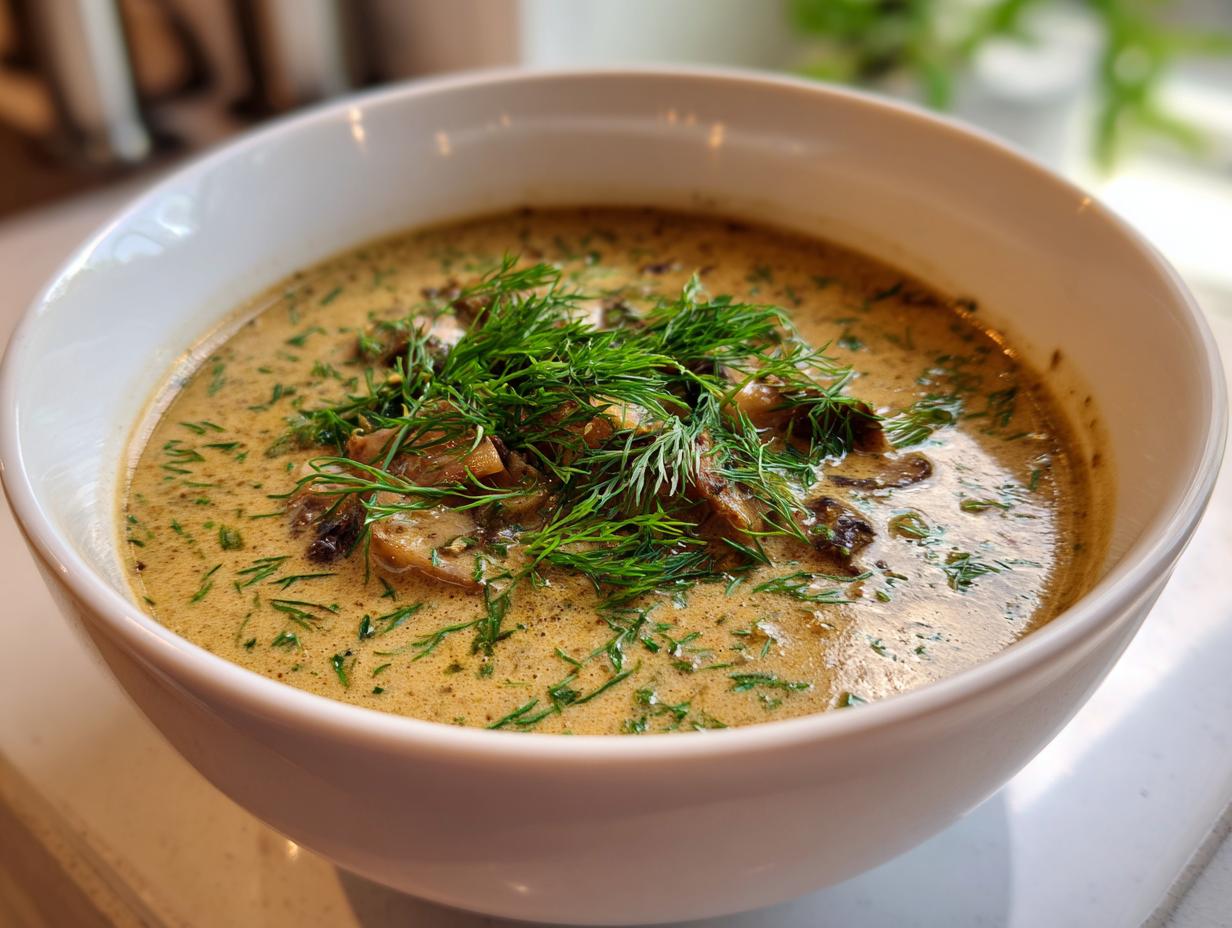 A close-up of a creamy Hungarian mushroom soup in a white bowl, topped with fresh dill and sliced mushrooms.