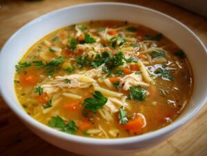A comforting bowl of Italian penicillin soup filled with shredded chicken, diced carrots, and thin noodles, garnished with fresh parsley.