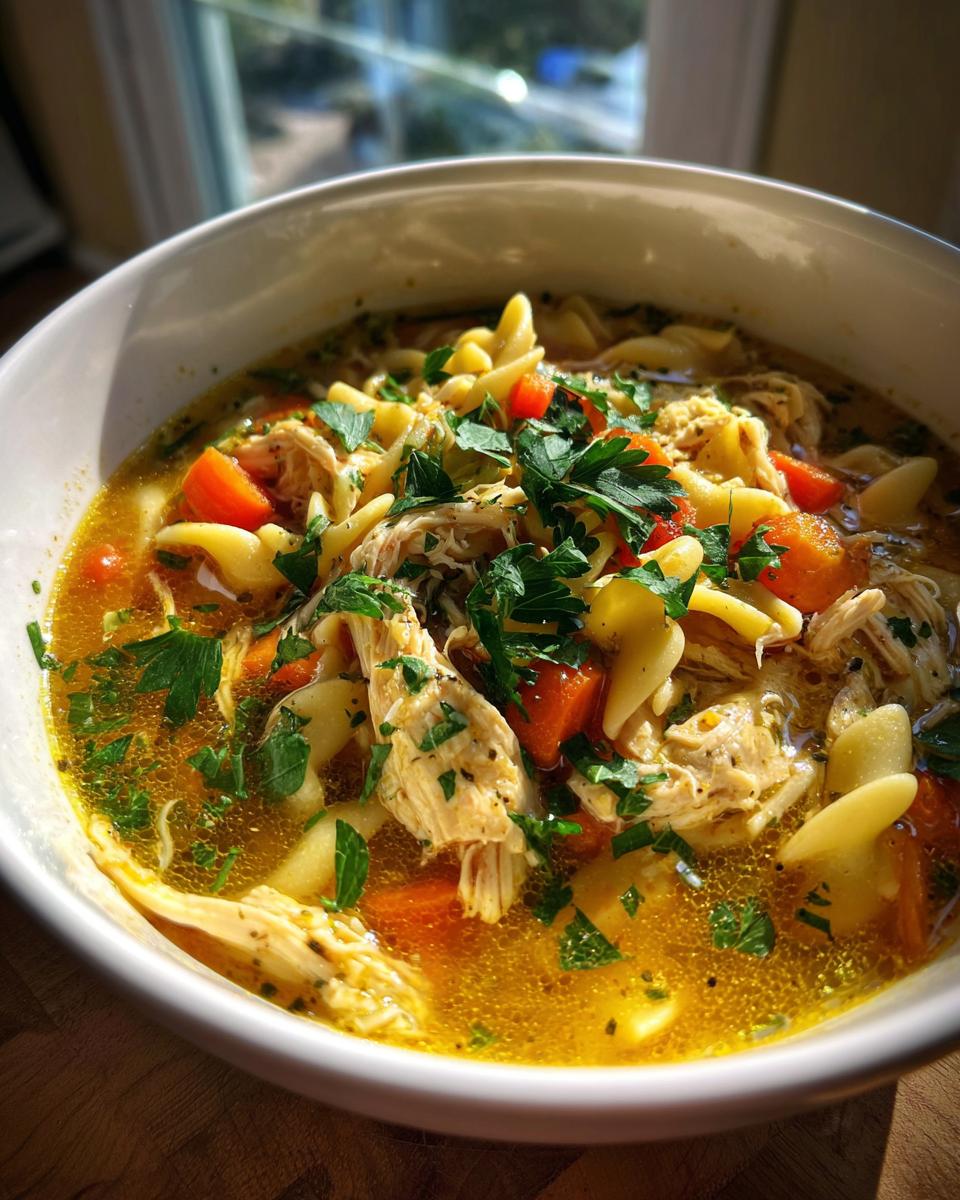 A comforting bowl of Italian penicillin soup filled with shredded chicken, pasta noodles, carrots, and fresh parsley.