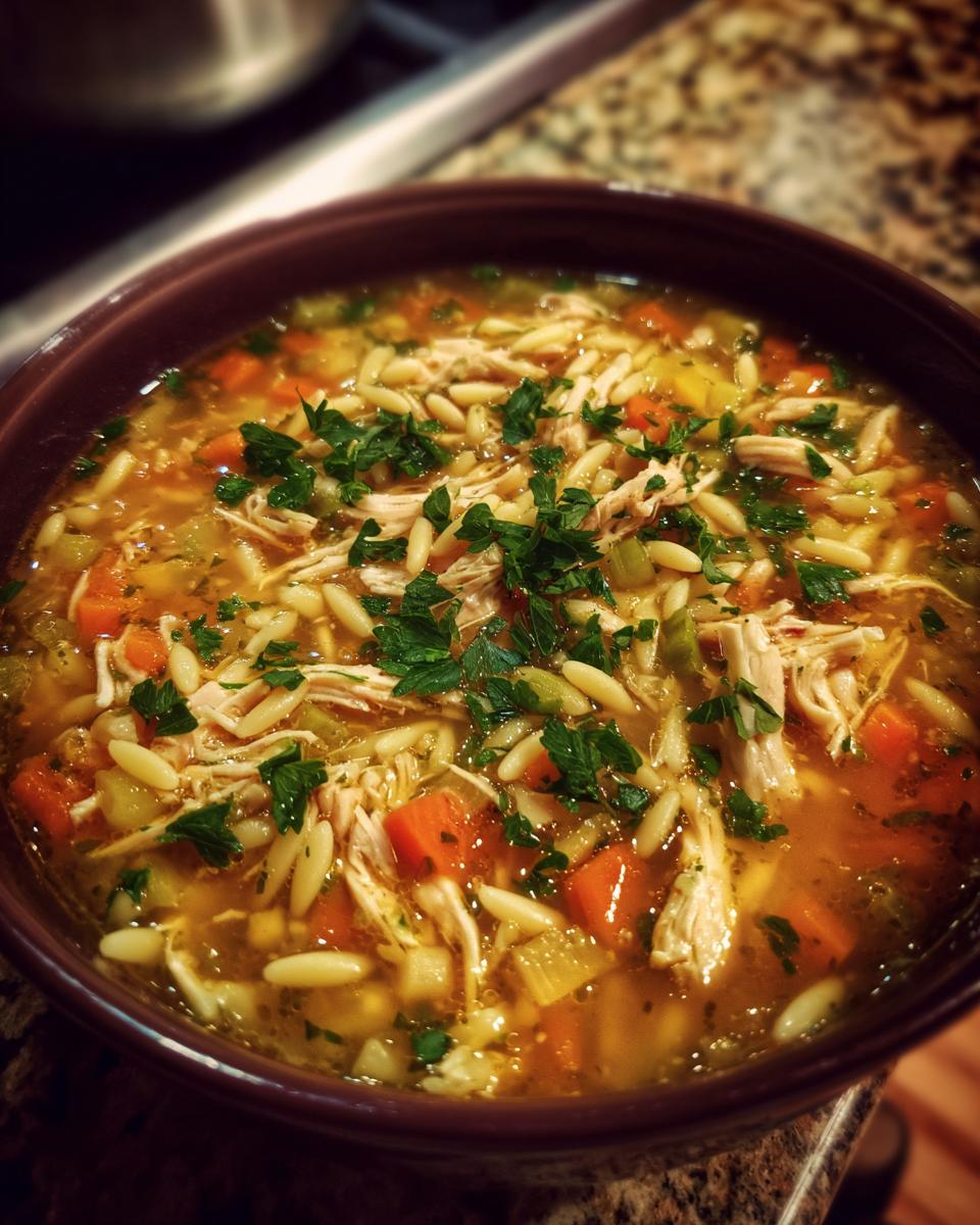 A close-up of a bowl of Italian penicillin soup, featuring shredded chicken, orzo pasta, carrots, celery, and fresh parsley.