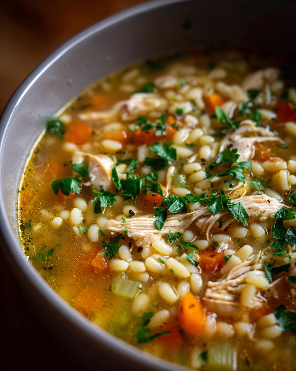 A close-up of a bowl of Italian penicillin soup, featuring shredded chicken, small pasta, carrots, celery, and fresh parsley.
