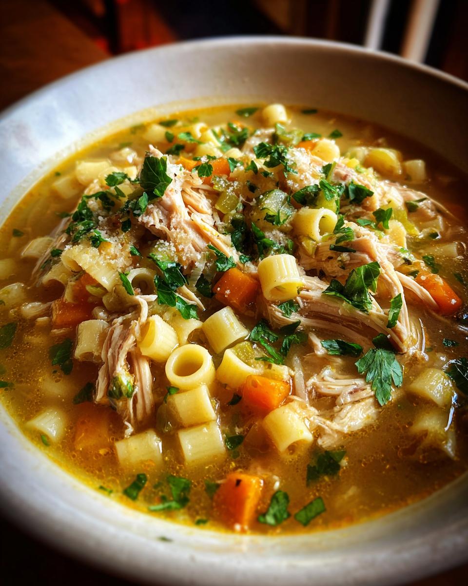 A comforting bowl of Italian penicillin soup filled with shredded chicken, ditalini pasta, carrots, celery, and fresh parsley.