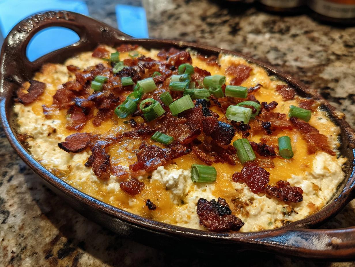 A close-up view of a baked jalapeño popper dip topped with crispy bacon bits and chopped green onions.