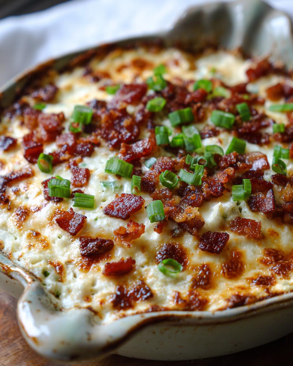 Close-up of a baked Jalapeño Popper Dip topped with crispy bacon bits and fresh chopped chives.