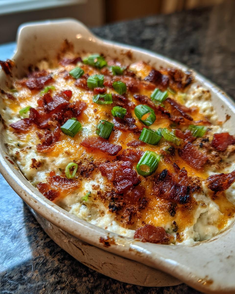 Close-up of a bubbling Jalapeño Popper Dip topped with crispy bacon bits and fresh green onions.