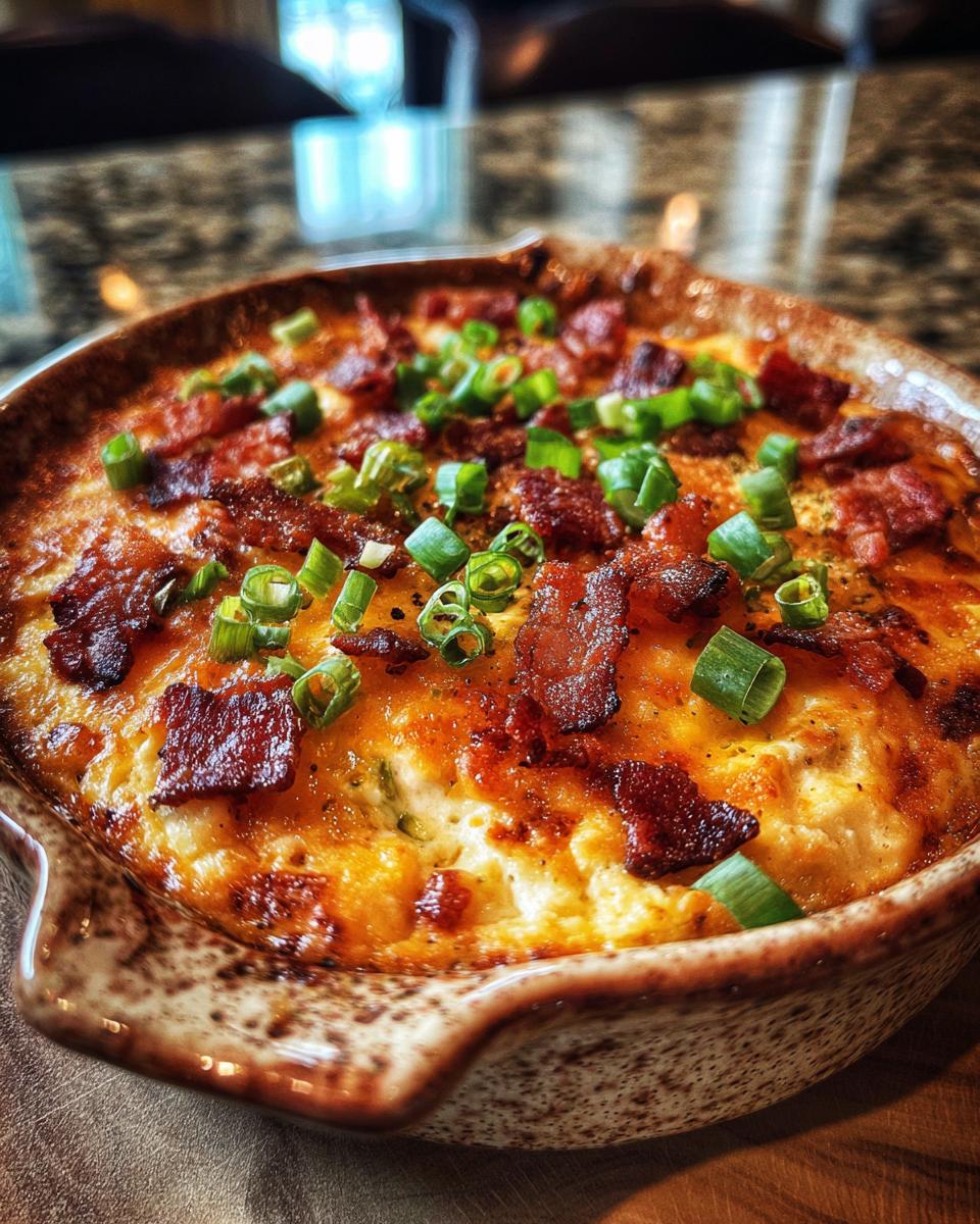 A close-up of a bubbling Jalapeño Popper Dip topped with crispy bacon and green onions.