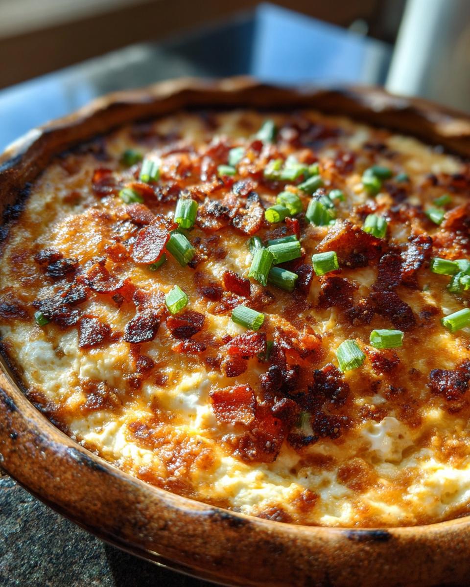 Close-up of a bubbling Jalapeño Popper Dip topped with crispy bacon and green onions.