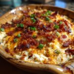 Close-up of a bubbly Jalapeño Popper Dip topped with crispy bacon and green onions in a baking dish.