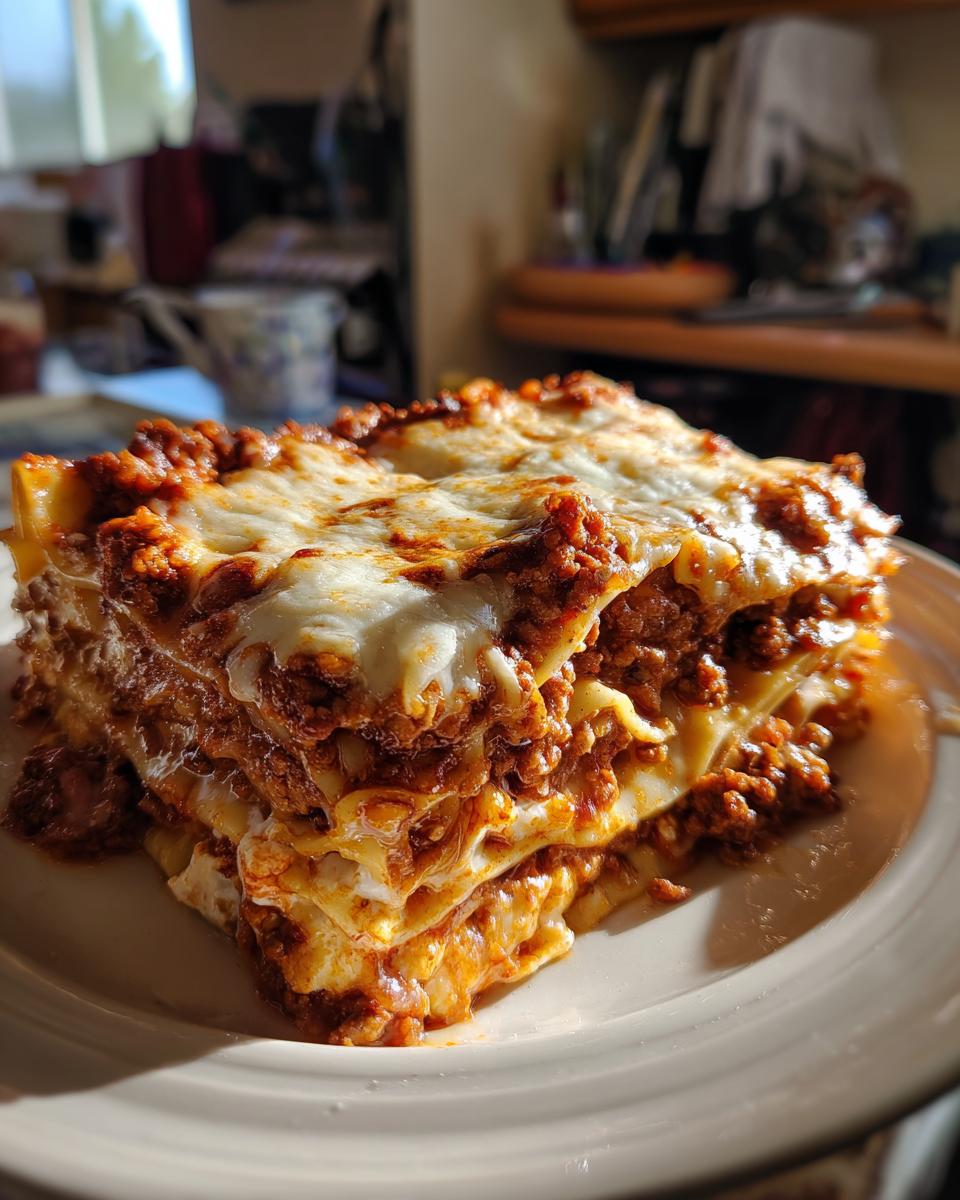 A generous slice of lasagna with cottage cheese, showing layers of pasta, meat sauce, and melted cheese.