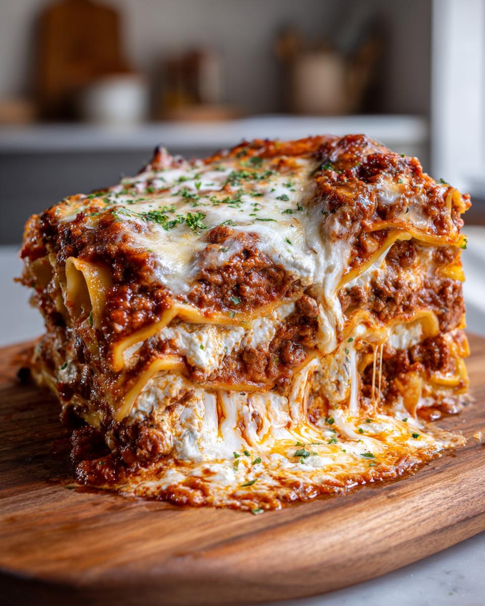 A tall slice of Lasagna with Cottage Cheese, showing layers of pasta, meat sauce, and melted cheese, garnished with parsley.