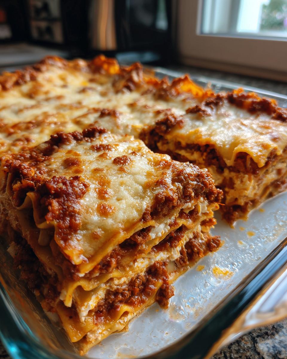 A close-up view of a freshly baked Lasagna with Cottage Cheese, showing layers of pasta, meat sauce, and melted cheese.
