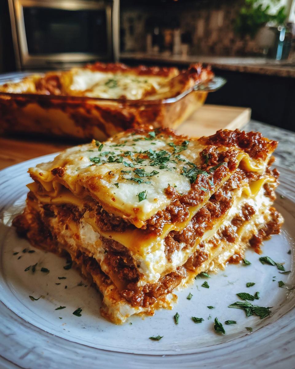 A close-up of a hearty slice of lasagna with cottage cheese, layered with pasta, rich meat sauce, and melted cheese, garnished with parsley.