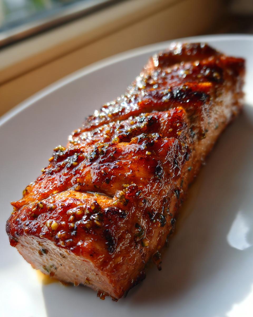A close-up of a perfectly cooked maple mustard pork tenderloin, glistening with glaze and herbs.