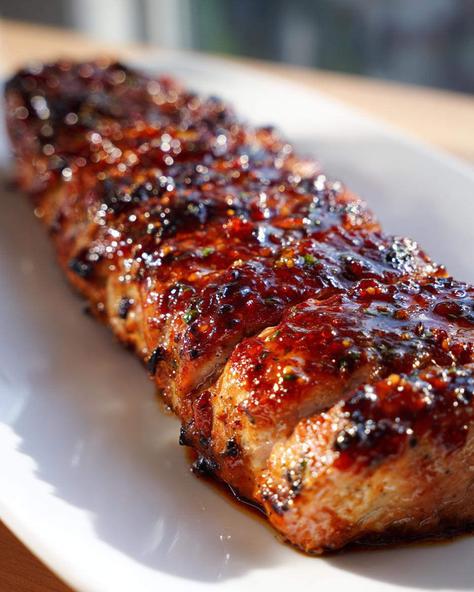 Close-up of a juicy maple mustard pork tenderloin, glazed and glistening, ready to be served.