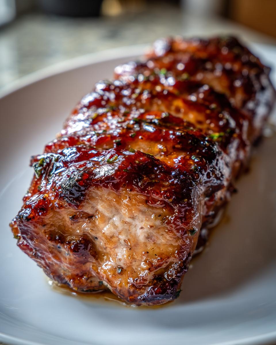 A close-up of a perfectly cooked maple mustard pork tenderloin, glazed and glistening, on a white plate.