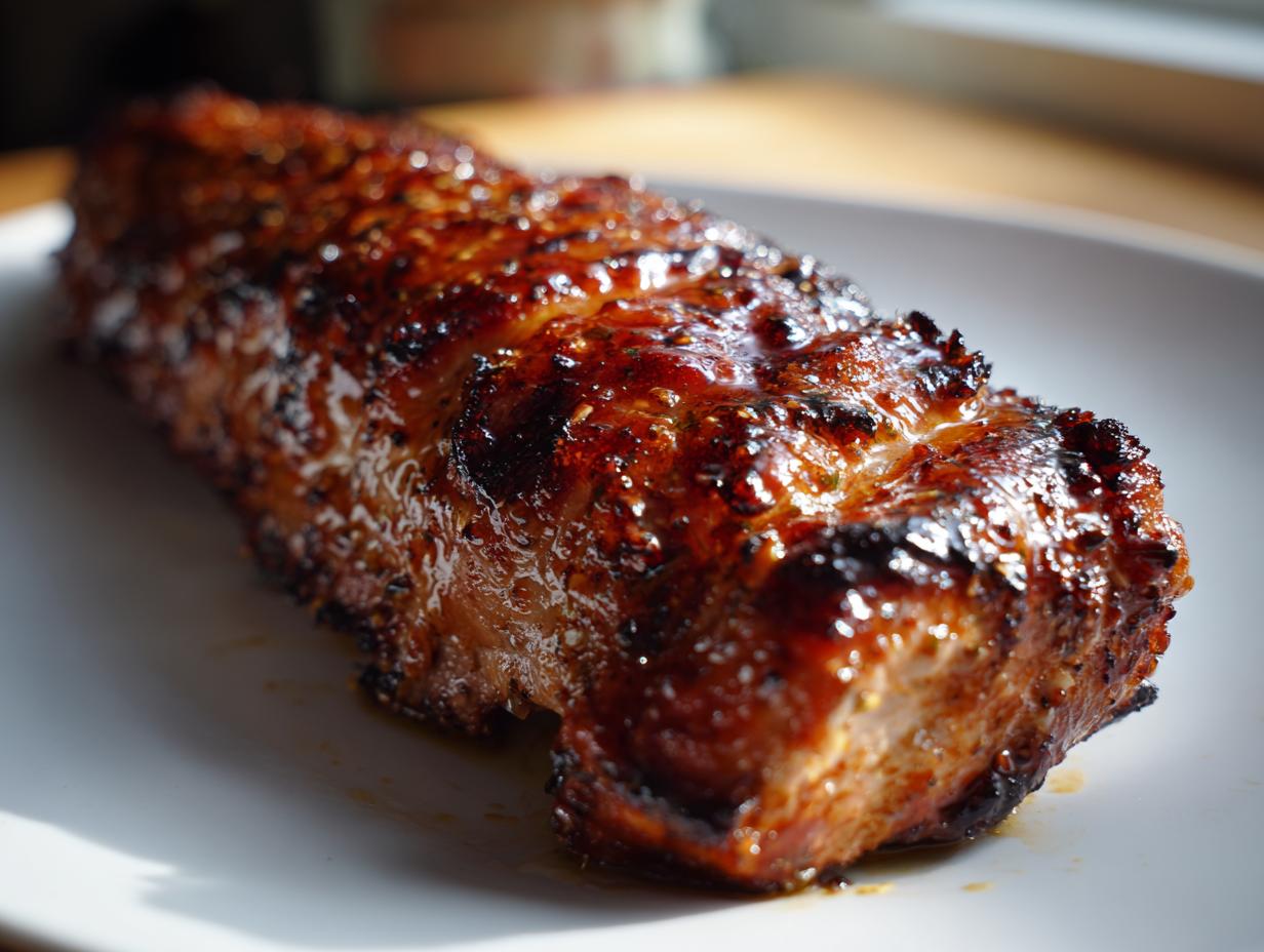 A close-up of a perfectly cooked maple mustard pork tenderloin on a white plate, with a glistening glaze.
