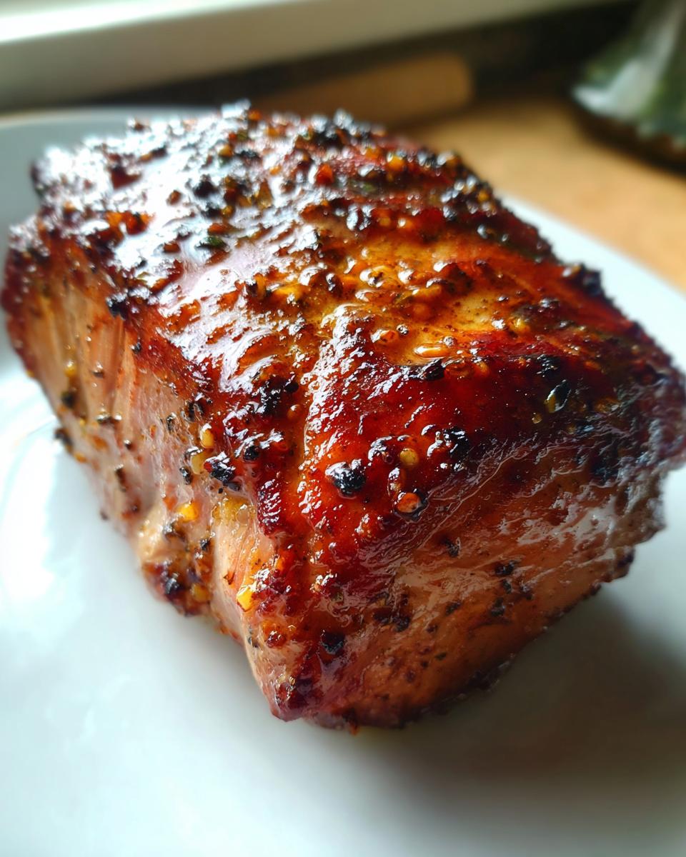 Close-up of a succulent slice of maple mustard pork tenderloin, glazed and seasoned.