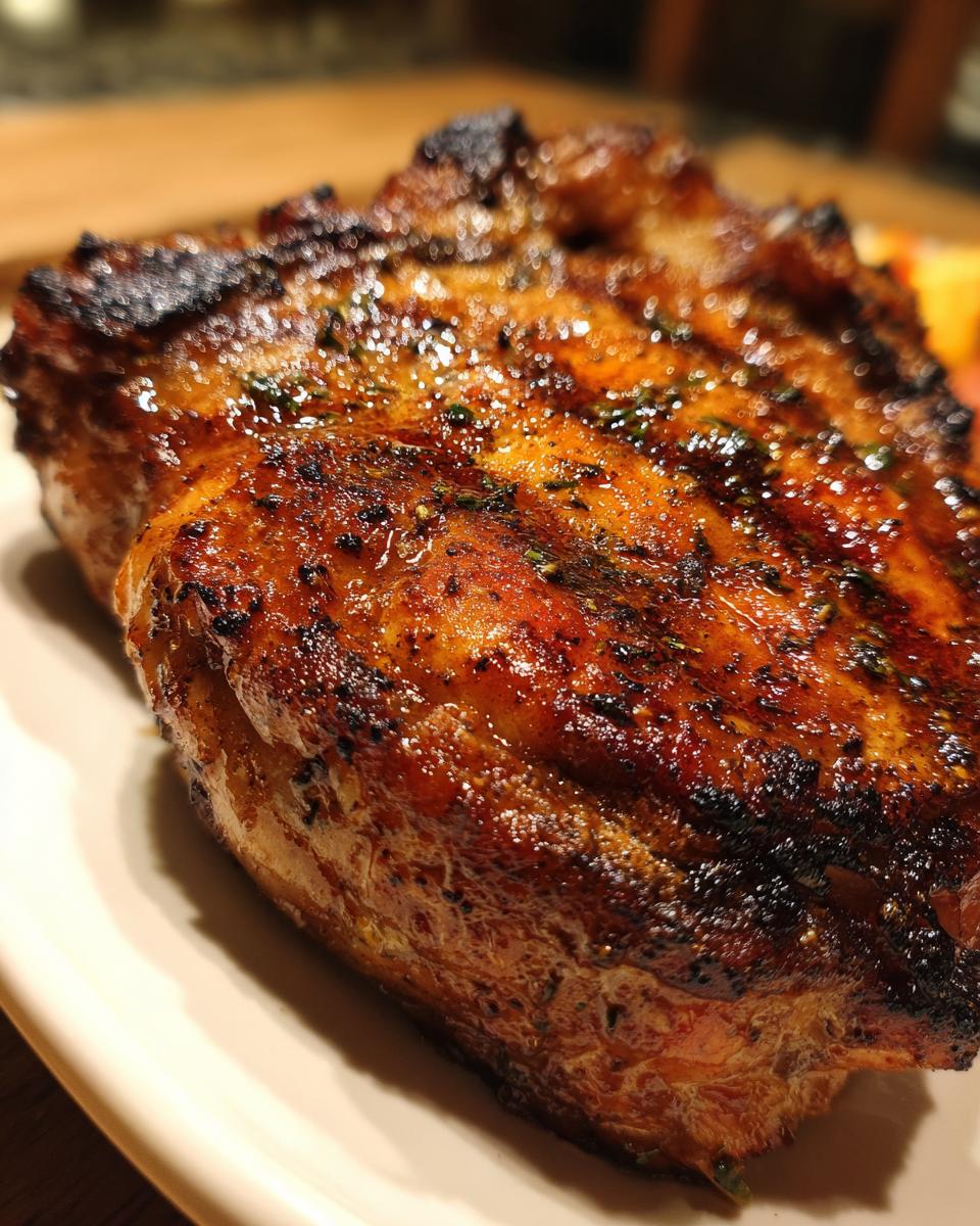 Close-up of a perfectly grilled pork chop, glistening with marinade and herbs.