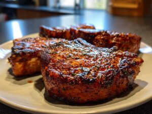 Close-up of juicy pork chops coated in a flavorful marinade, grilled to perfection.