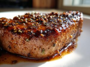 Close-up of a perfectly cooked tuna steak coated in a rich, glossy marinade with herbs and spices.