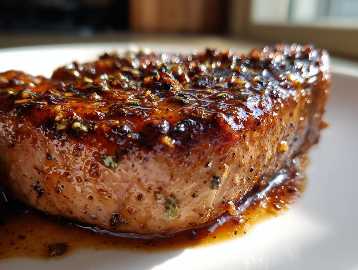 Close-up of a perfectly cooked tuna steak coated in a rich, glossy marinade with herbs and spices.