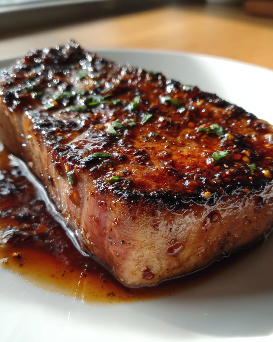 Close-up of a perfectly cooked tuna steak coated in a glossy, flavorful MARINADE FOR TUNA STEAK with visible herbs and spices.