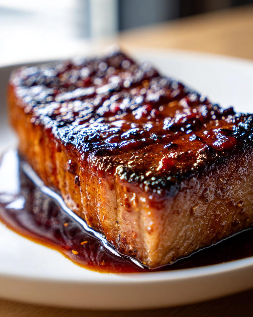 Close-up of a perfectly cooked tuna steak with a glossy, dark glaze, resting in its own juices.