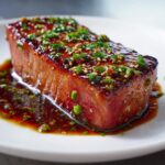 Close-up of a thick tuna steak coated in a glossy marinade and topped with sesame seeds and chopped green herbs.