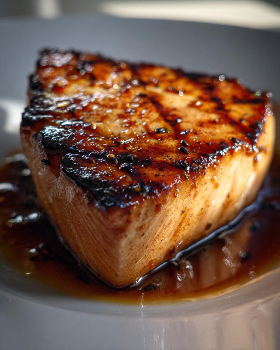 Close-up of a perfectly grilled tuna steak coated in a glossy marinade, showcasing grill marks.