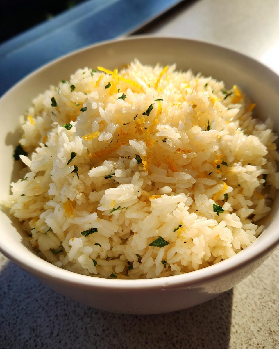 A close-up shot of a bowl of fluffy Mediterranean lemon rice, garnished with fresh herbs and lemon zest.