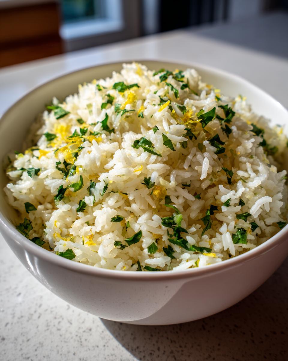 A close-up of a white bowl filled with fluffy Mediterranean lemon rice, garnished with fresh parsley and lemon zest.