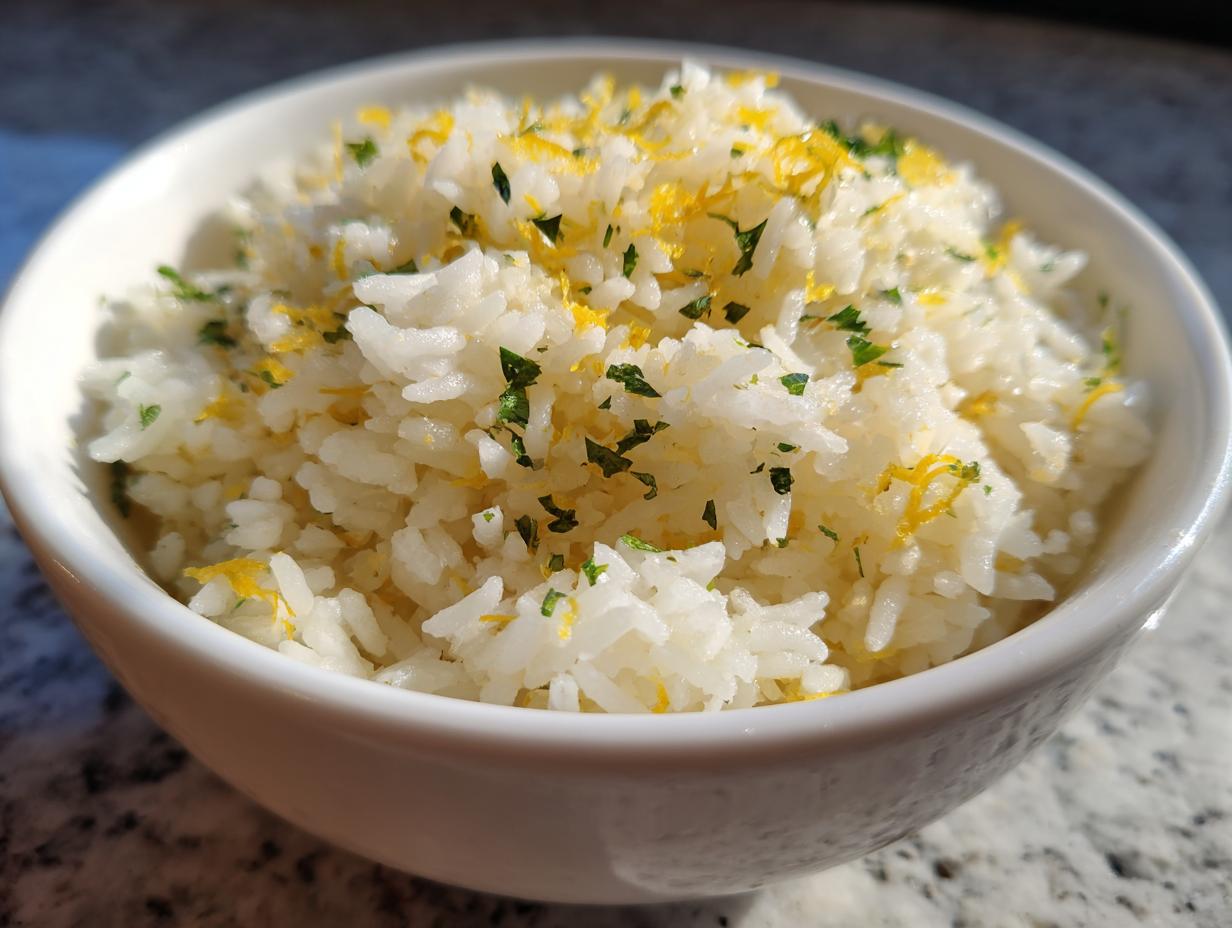 A white bowl filled with fluffy Mediterranean lemon rice, garnished with fresh parsley and lemon zest.