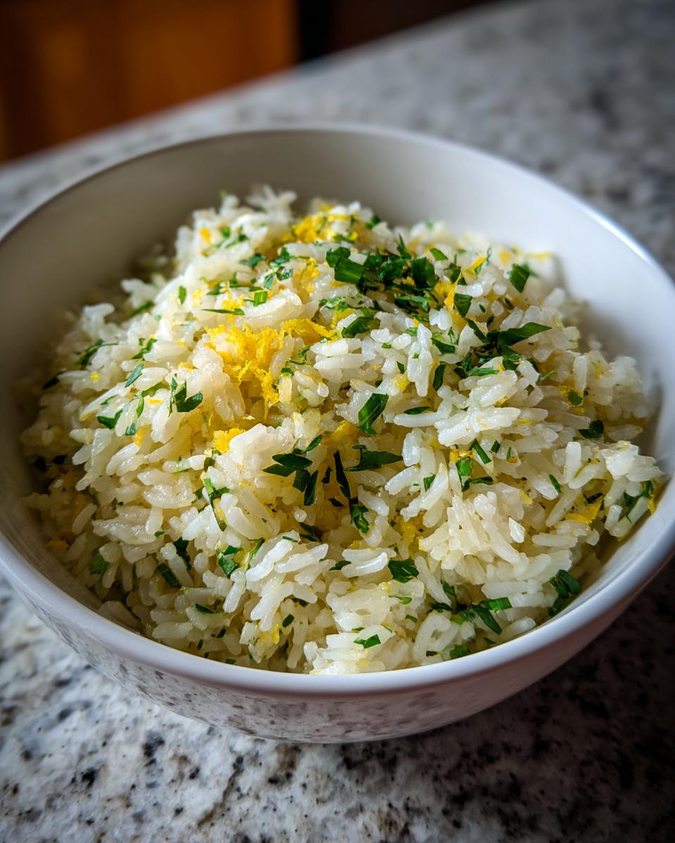 A close-up of a white bowl filled with fluffy Mediterranean lemon rice, garnished with fresh parsley and lemon zest.